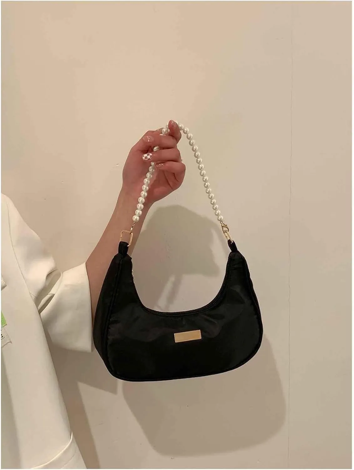 MakeMeChic Women's Metallic Pearl Beaded Ruched Single Strap Shoulder Handbags Hobo Bags