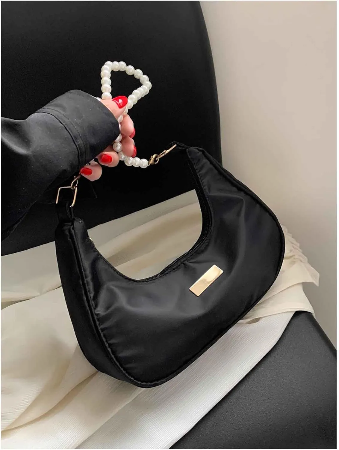 MakeMeChic Women's Metallic Pearl Beaded Ruched Single Strap Shoulder Handbags Hobo Bags