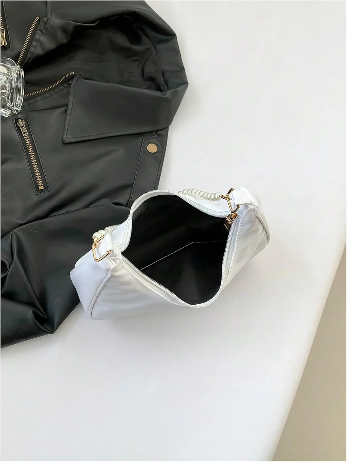 MakeMeChic Women's Metallic Pearl Beaded Ruched Single Strap Shoulder Handbags Hobo Bags