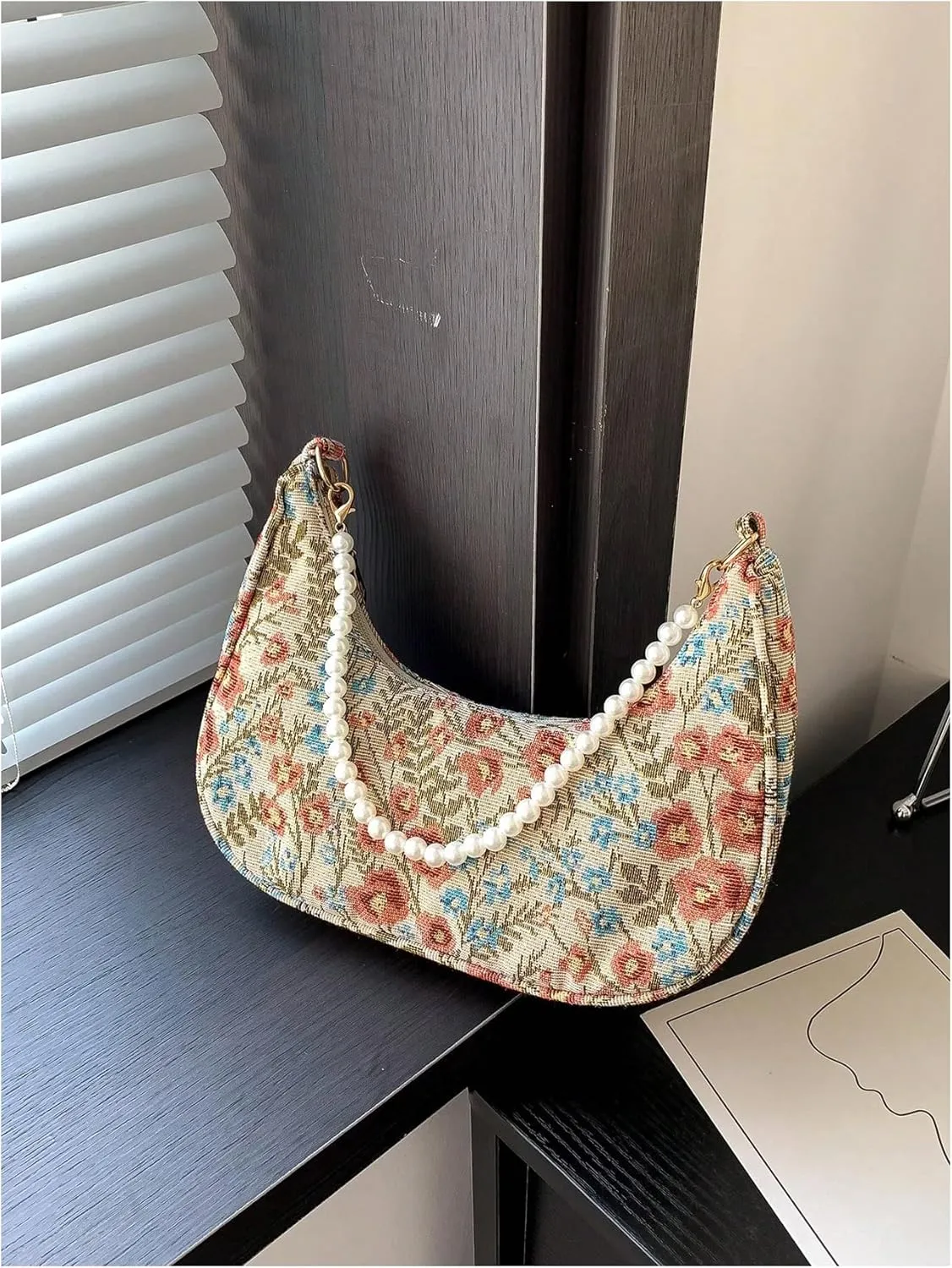 MakeMeChic Women's Metallic Pearl Beaded Ruched Single Strap Shoulder Handbags Hobo Bags