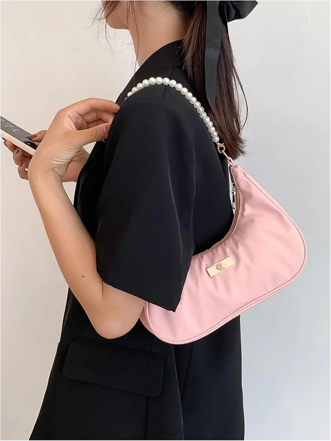MakeMeChic Women's Metallic Pearl Beaded Ruched Single Strap Shoulder Handbags Hobo Bags