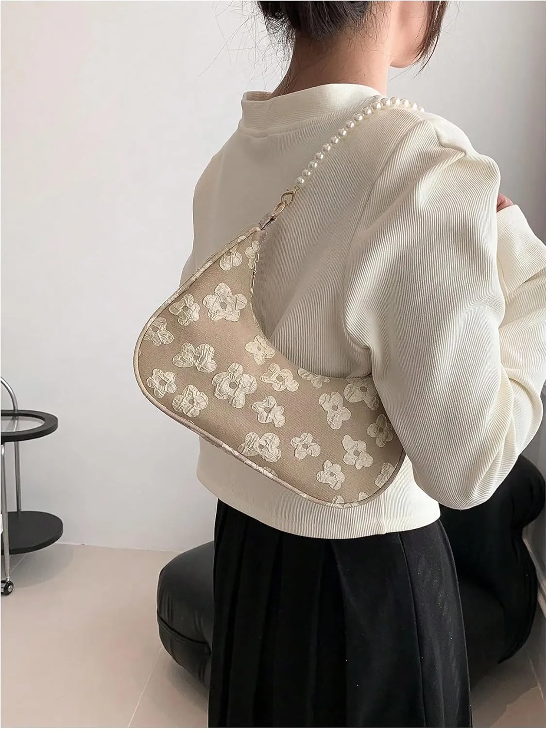 MakeMeChic Women's Metallic Pearl Beaded Ruched Single Strap Shoulder Handbags Hobo Bags