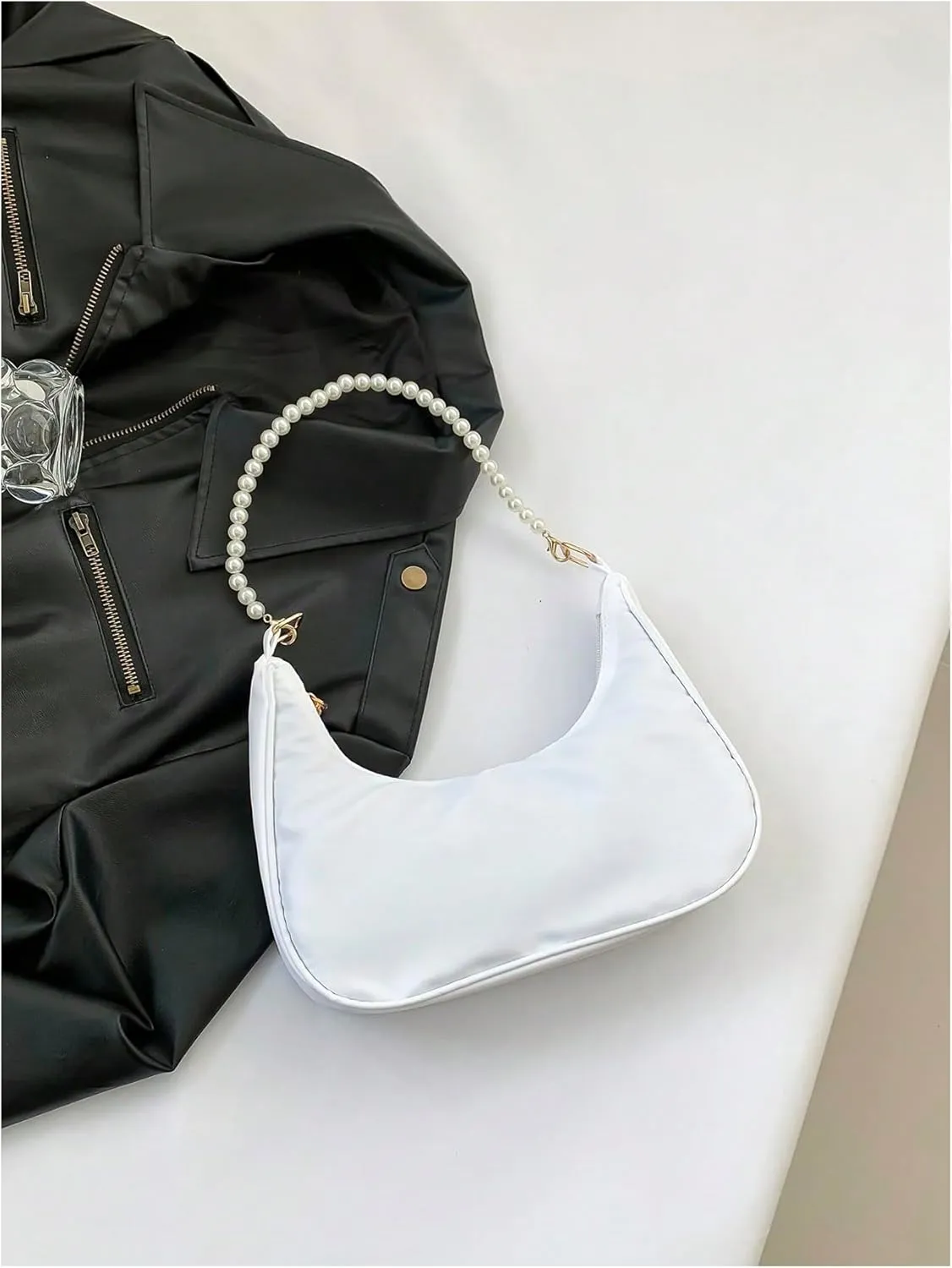MakeMeChic Women's Metallic Pearl Beaded Ruched Single Strap Shoulder Handbags Hobo Bags