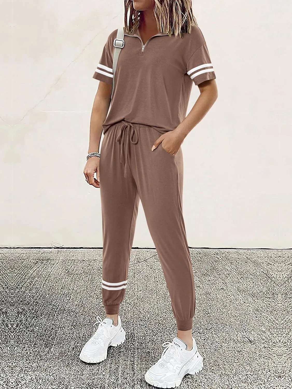 MASCOMODA 2 Piece Outfits for Women 2025 Summer Casual Quarter Zip Short Sleeve Tops Long Pants Tracksuit Jogger Lounge Sets