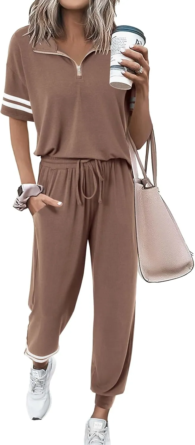 MASCOMODA 2 Piece Outfits for Women 2025 Summer Casual Quarter Zip Short Sleeve Tops Long Pants Tracksuit Jogger Lounge Sets