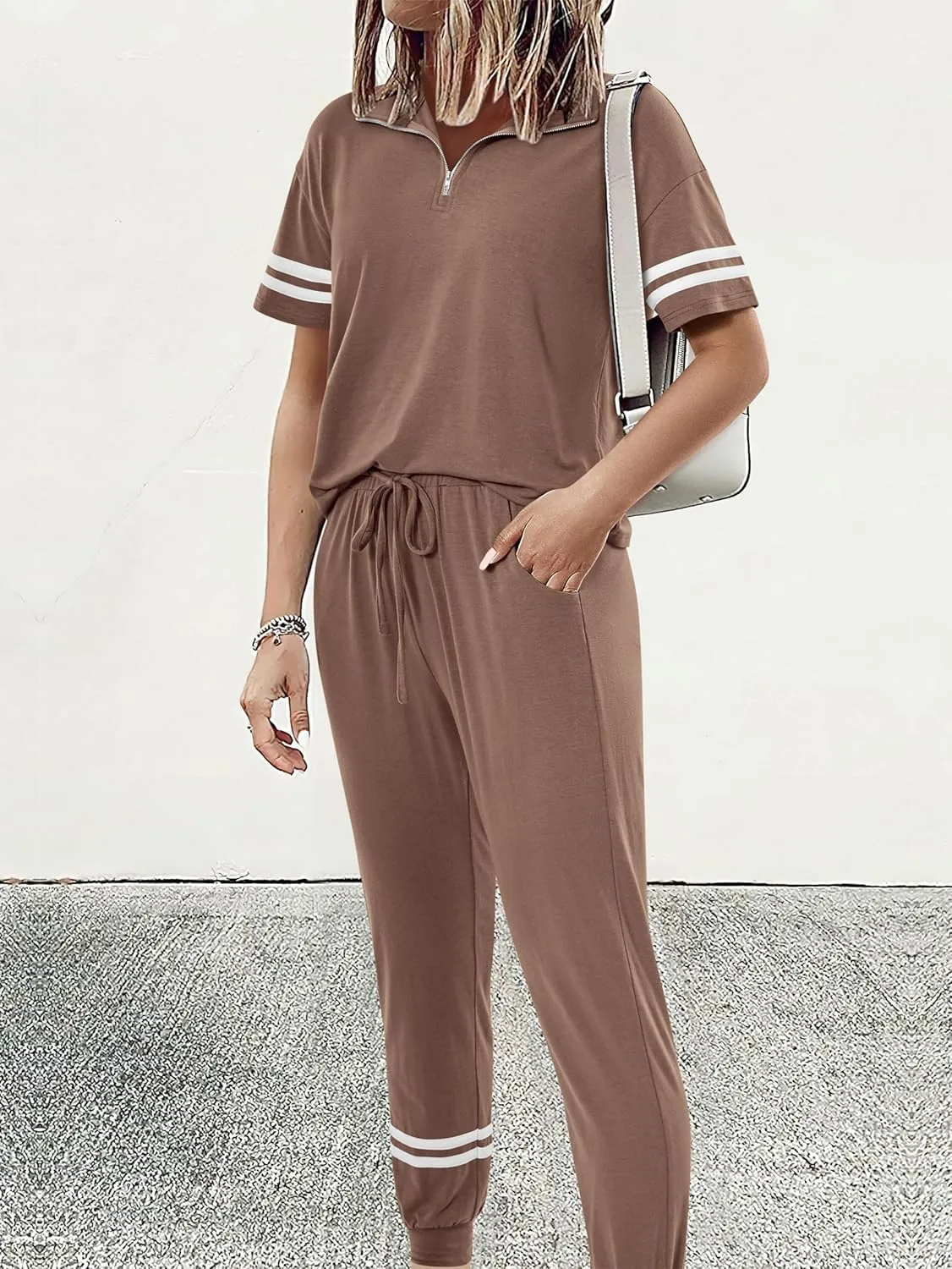 MASCOMODA 2 Piece Outfits for Women 2025 Summer Casual Quarter Zip Short Sleeve Tops Long Pants Tracksuit Jogger Lounge Sets