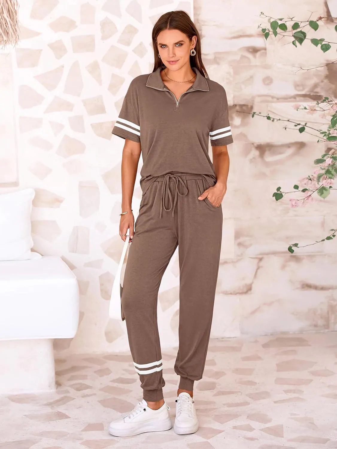 MASCOMODA 2 Piece Outfits for Women 2025 Summer Casual Quarter Zip Short Sleeve Tops Long Pants Tracksuit Jogger Lounge Sets