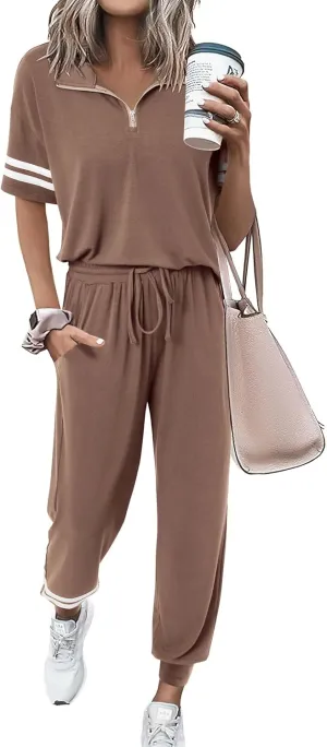 MASCOMODA 2 Piece Outfits for Women 2025 Summer Casual Quarter Zip Short Sleeve Tops Long Pants Tracksuit Jogger Lounge Sets