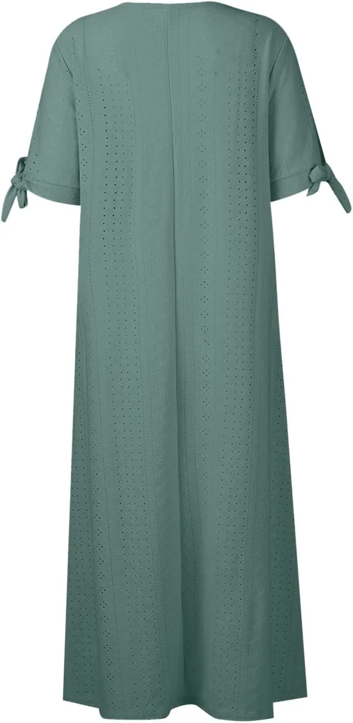 Maxi Dresses for Women 2025 Short Sleeve V Neck Eyelet Summer Dresses Trendy Long Boho Midi Shirt Dresses with Pockets