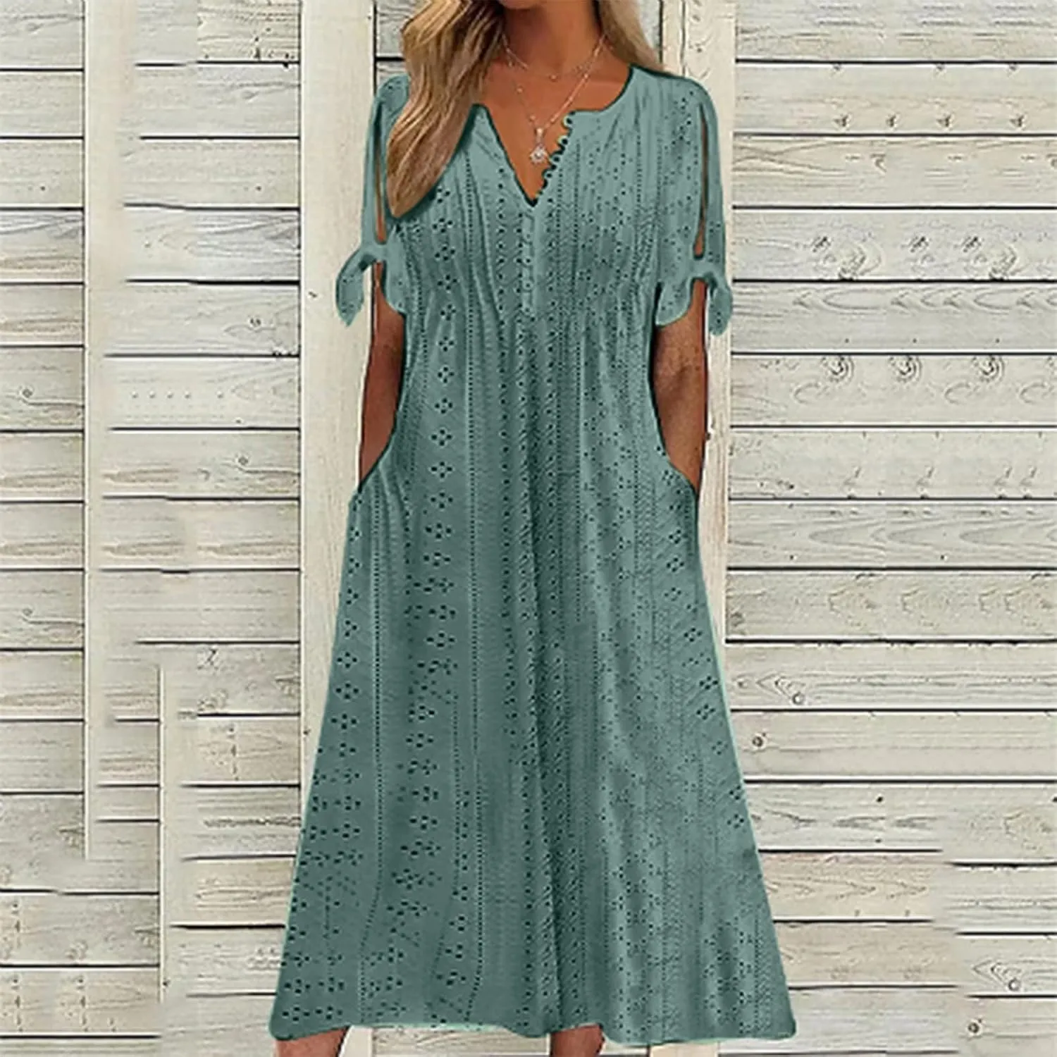 Maxi Dresses for Women 2025 Short Sleeve V Neck Eyelet Summer Dresses Trendy Long Boho Midi Shirt Dresses with Pockets