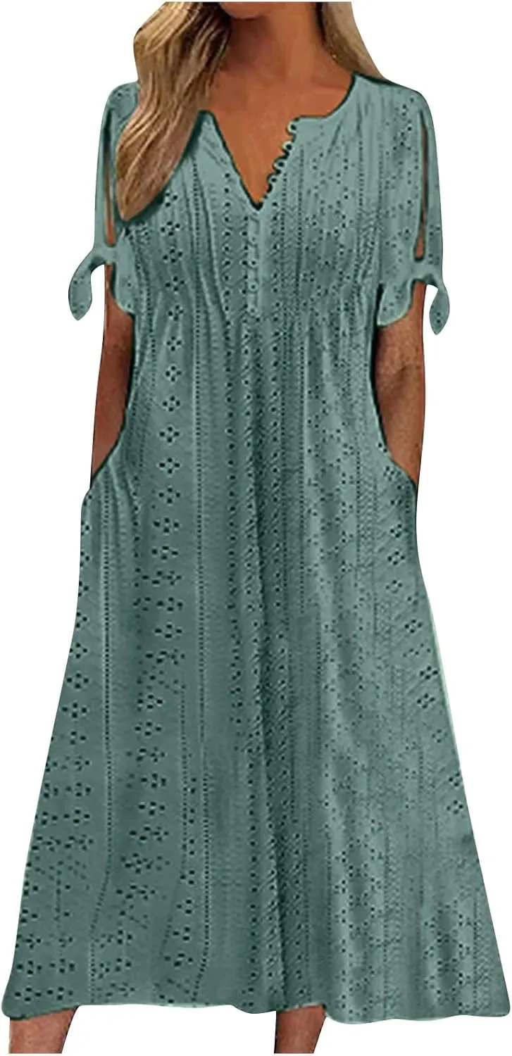 Maxi Dresses for Women 2025 Short Sleeve V Neck Eyelet Summer Dresses Trendy Long Boho Midi Shirt Dresses with Pockets