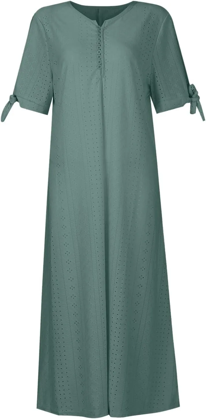 Maxi Dresses for Women 2025 Short Sleeve V Neck Eyelet Summer Dresses Trendy Long Boho Midi Shirt Dresses with Pockets
