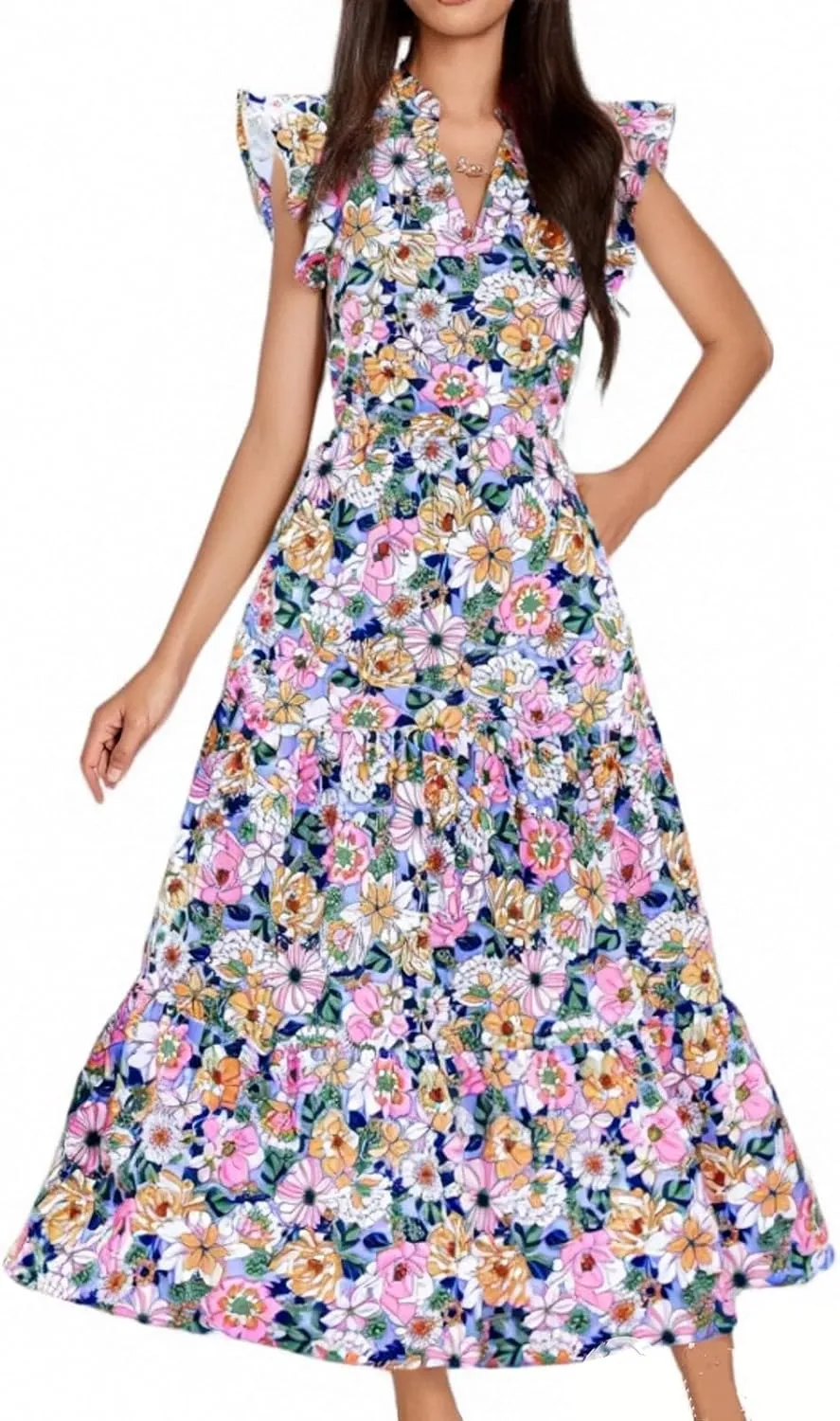 Maxi Dresses for Women 2025 Summer Fluttle Sleeve Floral Maxi Dress Flowy V Neck Tiered Ruffle Beach Boho Sundress