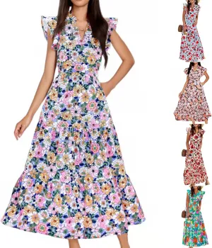 Maxi Dresses for Women 2025 Summer Fluttle Sleeve Floral Maxi Dress Flowy V Neck Tiered Ruffle Beach Boho Sundress