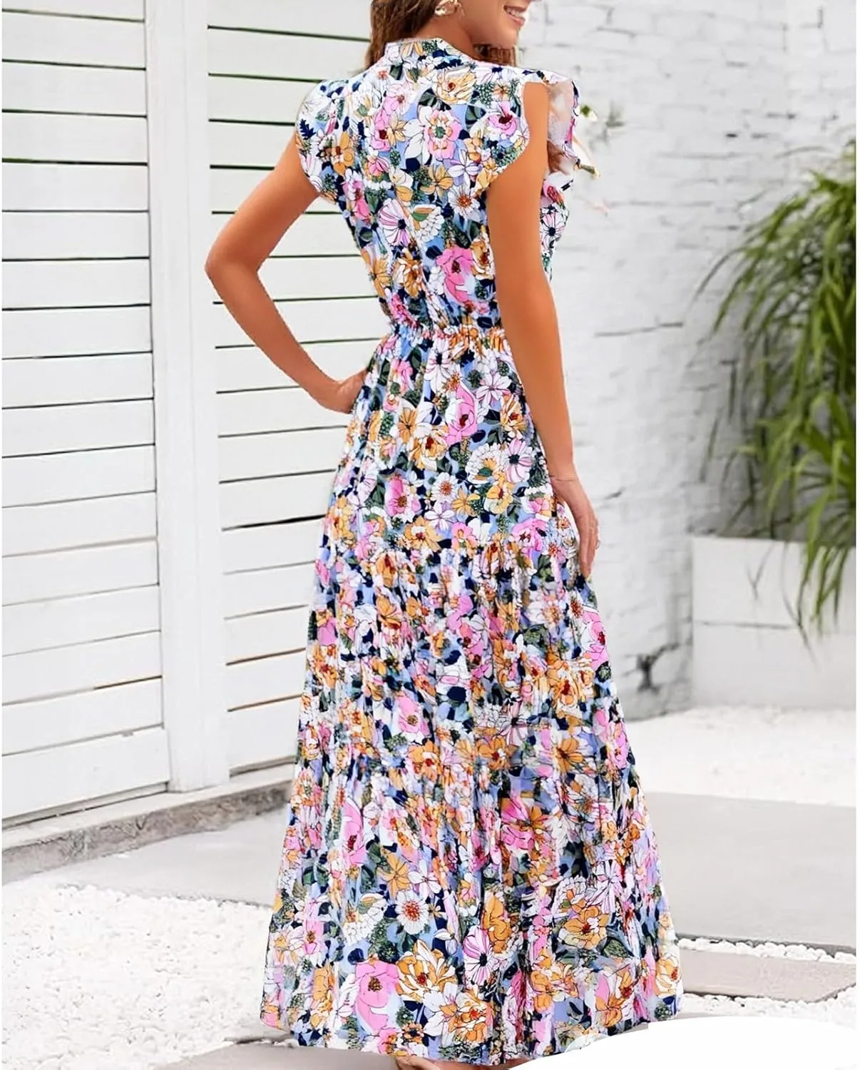 Maxi Dresses for Women 2025 Summer Fluttle Sleeve Floral Maxi Dress Flowy V Neck Tiered Ruffle Beach Boho Sundress