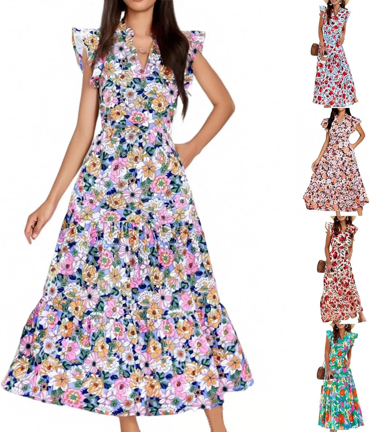 Maxi Dresses for Women 2025 Summer Fluttle Sleeve Floral Maxi Dress Flowy V Neck Tiered Ruffle Beach Boho Sundress
