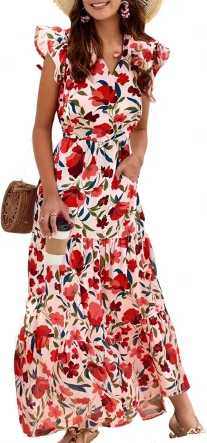 Maxi Dresses for Women 2025 Summer Fluttle Sleeve Floral Maxi Dress Flowy V Neck Tiered Ruffle Beach Boho Sundress