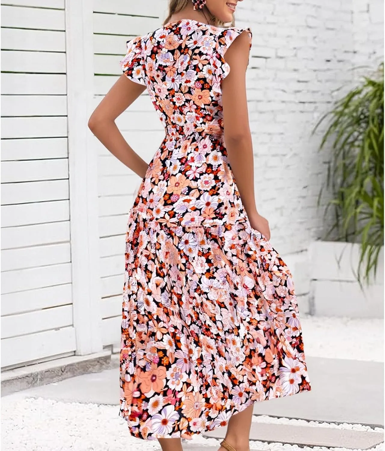 Maxi Dresses for Women 2025 Summer Fluttle Sleeve Floral Maxi Dress Flowy V Neck Tiered Ruffle Beach Boho Sundress