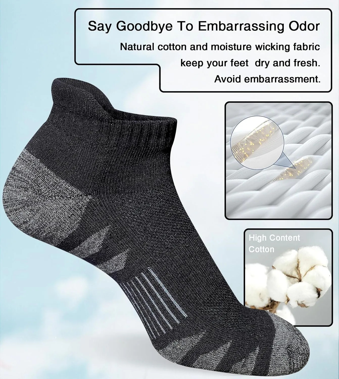 Men's Athletic Cushioned Cotton Socks Anti-blister Wicking Breathable Running Ankle Socks 5 Pairs