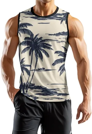 Mens Beach Tank Tops Sleeveless Hawaiian Shirts for Men Summer Palm Tree Graphic Workout Gym Tshirts
