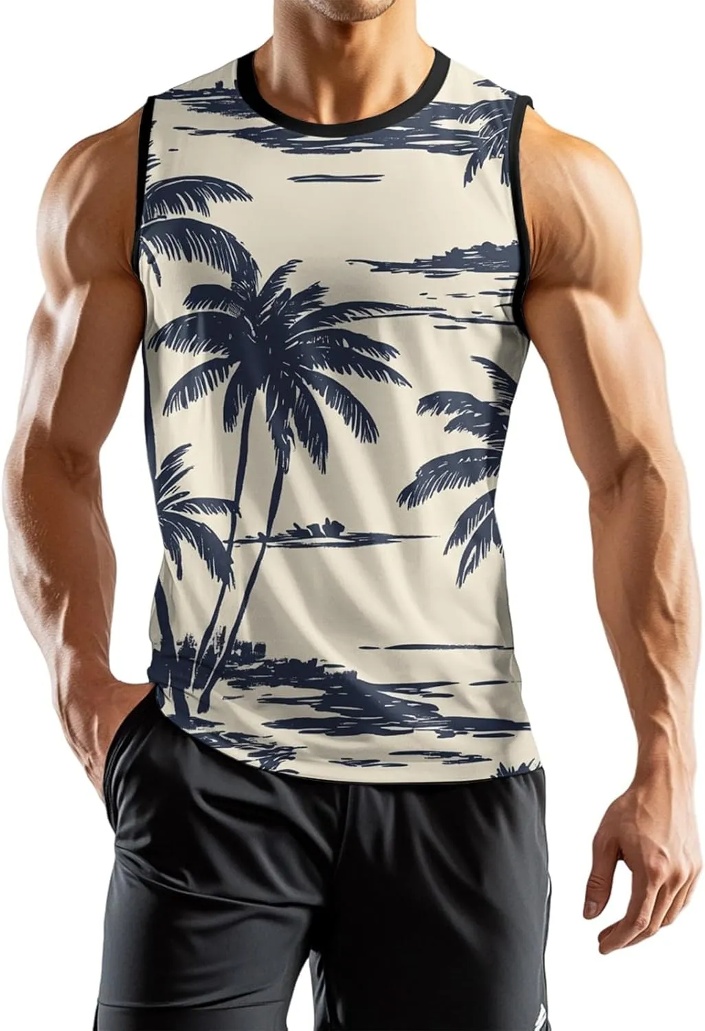 Mens Beach Tank Tops Sleeveless Hawaiian Shirts for Men Summer Palm Tree Graphic Workout Gym Tshirts