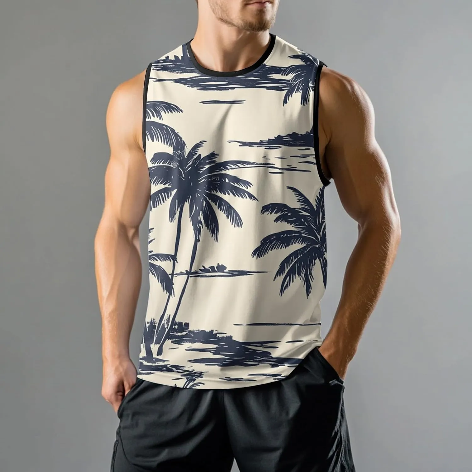 Mens Beach Tank Tops Sleeveless Hawaiian Shirts for Men Summer Palm Tree Graphic Workout Gym Tshirts