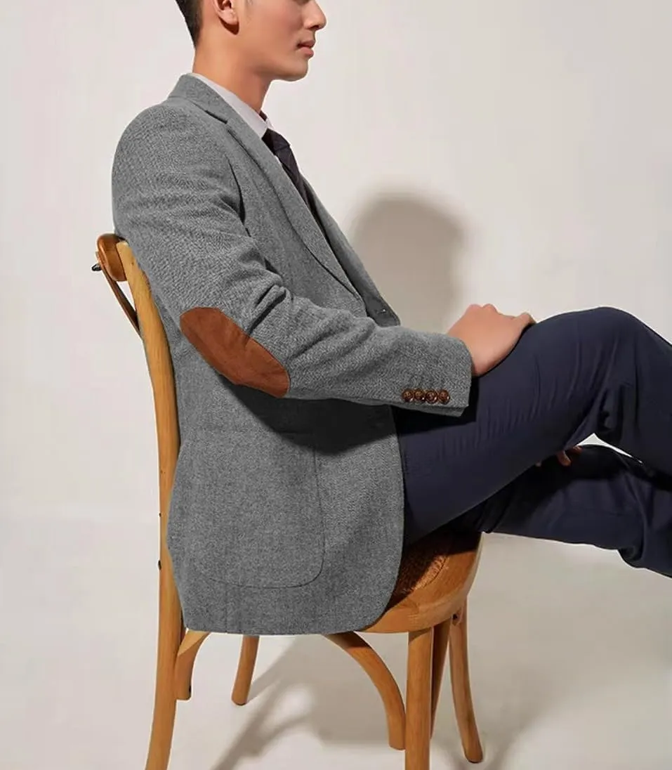 Mens Blazer Vintage Herringbone Tweed Jackets Two Button Sport Coat with Pocket Square with Elbow Patches