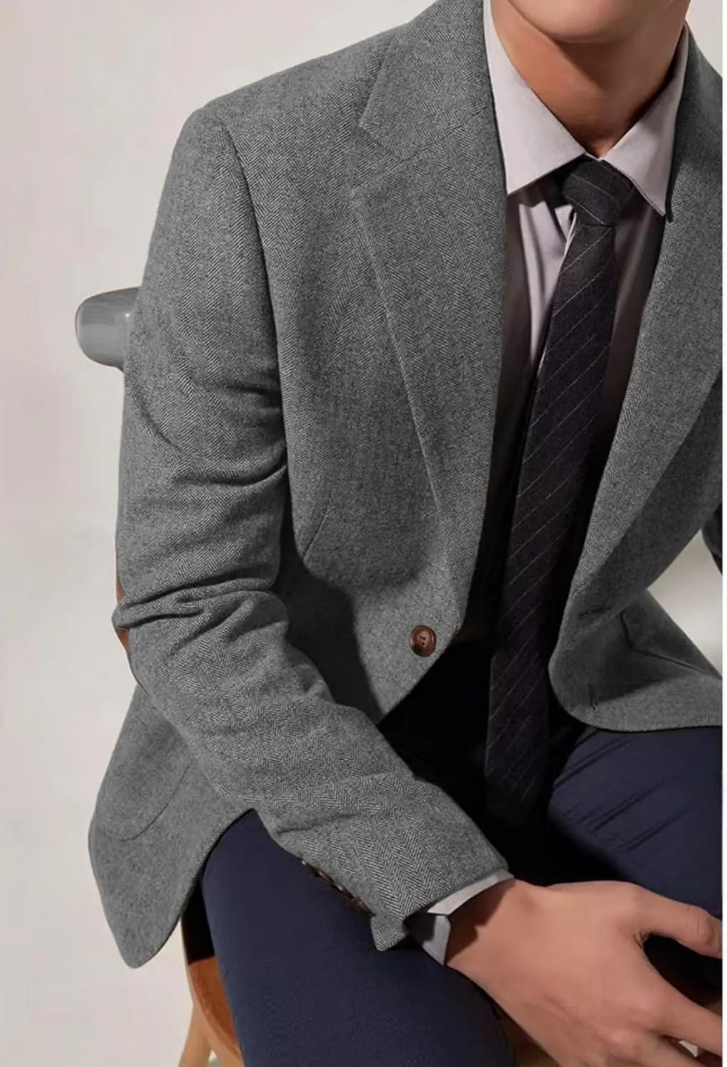 Mens Blazer Vintage Herringbone Tweed Jackets Two Button Sport Coat with Pocket Square with Elbow Patches