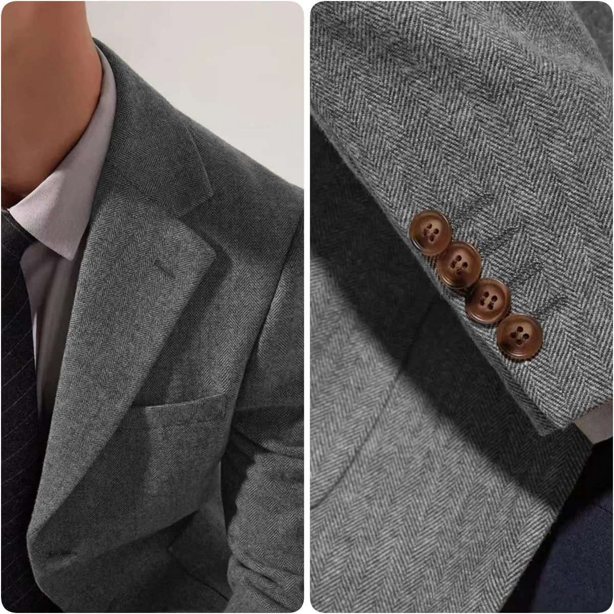 Mens Blazer Vintage Herringbone Tweed Jackets Two Button Sport Coat with Pocket Square with Elbow Patches