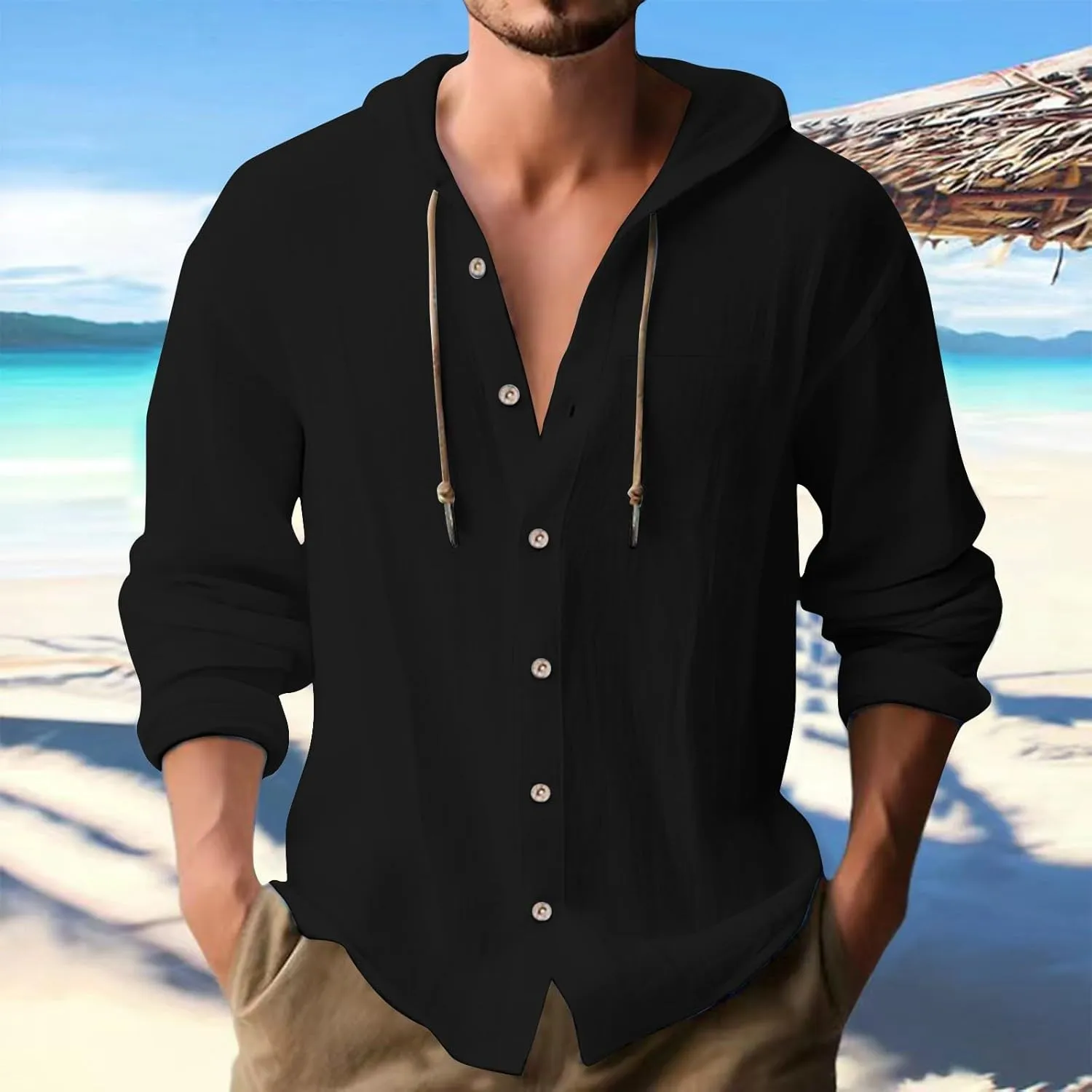 Men's Cotton And Linen Hoodies Casual Button Down Long Roll-Up Sleeve Shirt Summer Beach Hippie T Shirt With Hood