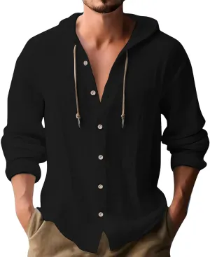 Men's Cotton And Linen Hoodies Casual Button Down Long Roll-Up Sleeve Shirt Summer Beach Hippie T Shirt With Hood