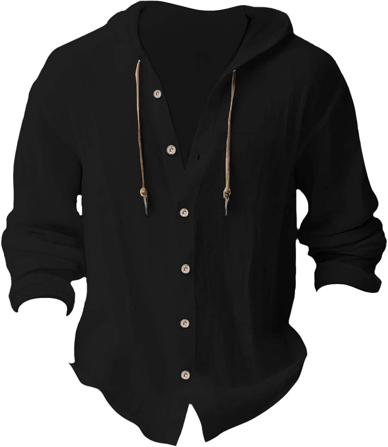Men's Cotton And Linen Hoodies Casual Button Down Long Roll-Up Sleeve Shirt Summer Beach Hippie T Shirt With Hood