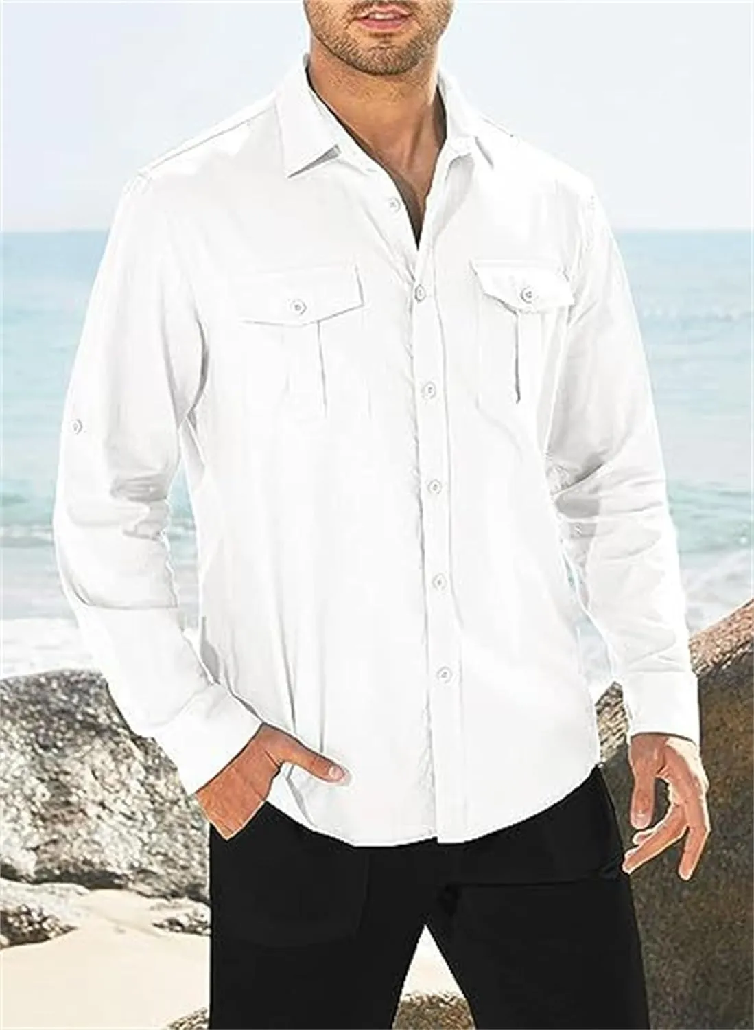 Men's Cotton Linen Shirt Casual Long Sleeve Button Down Dress Shirts Summer Beach Top Slim-Fit Two-Pocket Utility Shirt