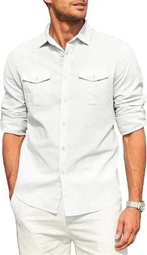 Men's Cotton Linen Shirt Casual Long Sleeve Button Down Dress Shirts Summer Beach Top Slim-Fit Two-Pocket Utility Shirt