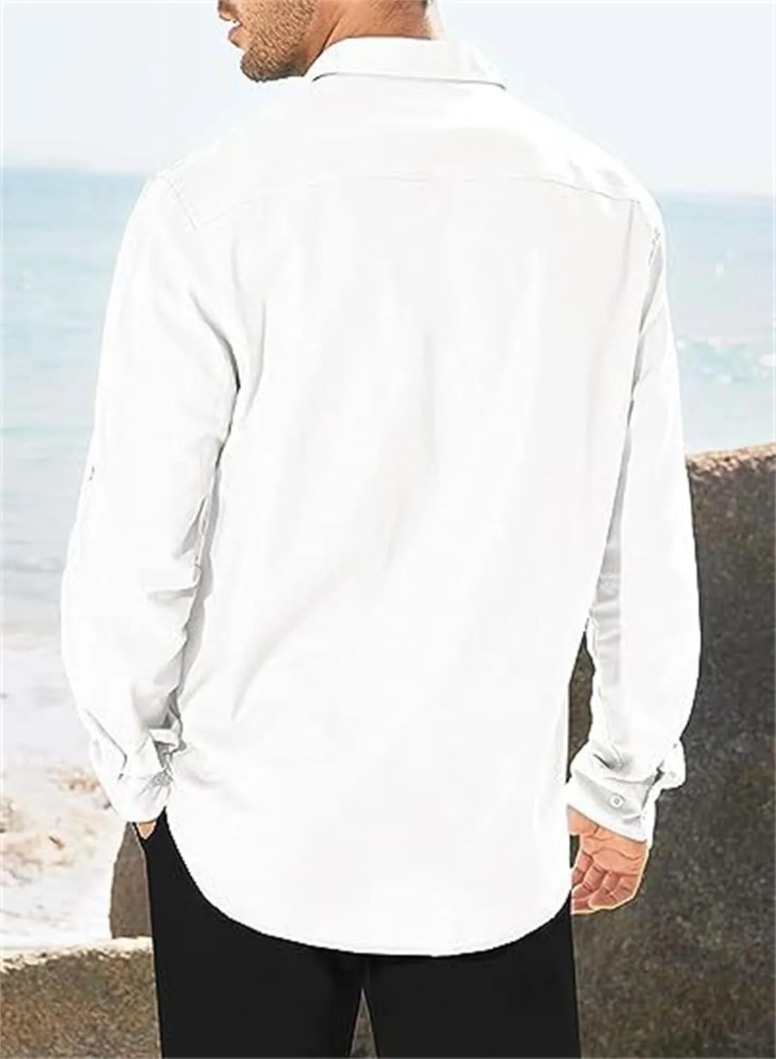 Men's Cotton Linen Shirt Casual Long Sleeve Button Down Dress Shirts Summer Beach Top Slim-Fit Two-Pocket Utility Shirt