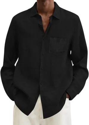 Mens Linen Button Down Shirt Beach Summer Shirts Casual Untucked Shirt Vacation Wedding Shirts with Pocket