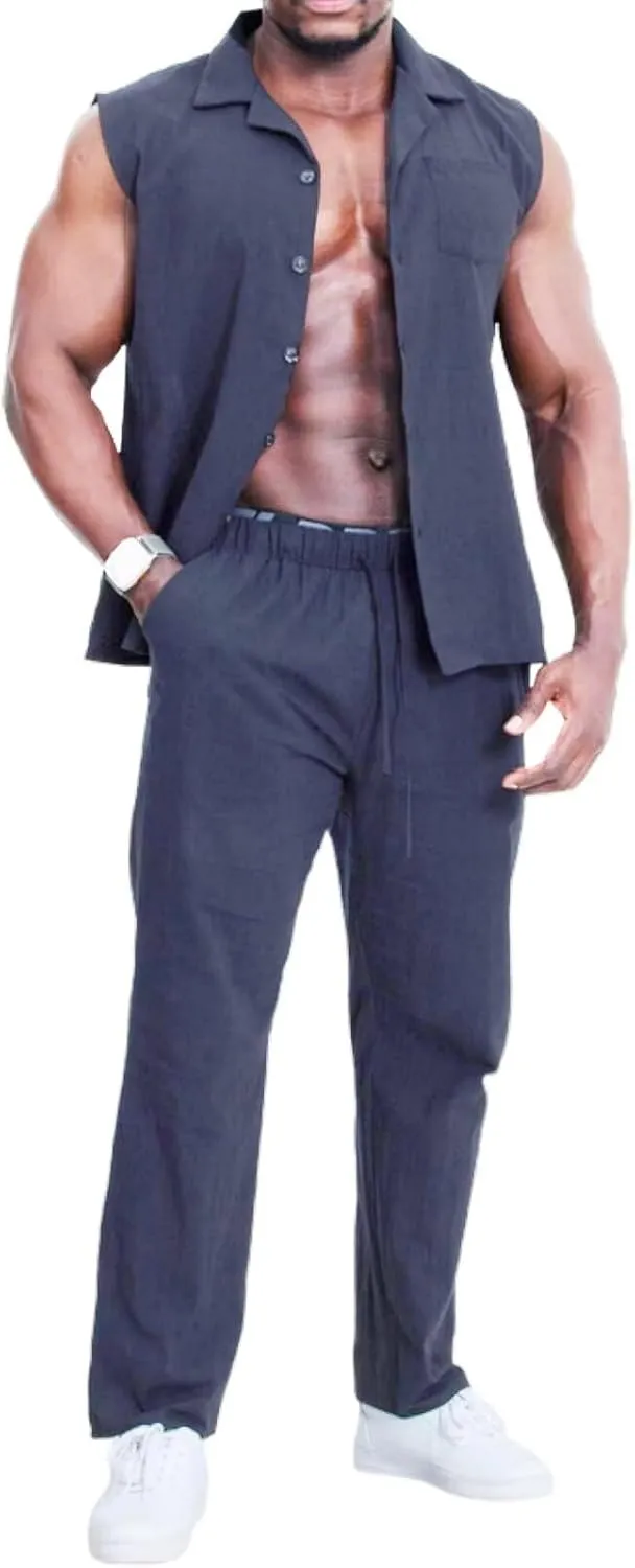 Mens Linen Sets 2 Piece Outfits Sleeveless Shirt and Pants Set Vacation Outfit for Men Summer Beach Suits