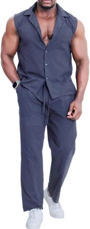 Mens Linen Sets 2 Piece Outfits Sleeveless Shirt and Pants Set Vacation Outfit for Men Summer Beach Suits