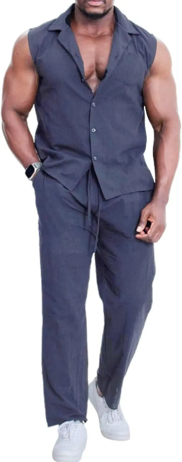 Mens Linen Sets 2 Piece Outfits Sleeveless Shirt and Pants Set Vacation Outfit for Men Summer Beach Suits