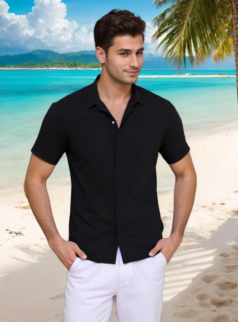 Men's Linen Shirts Casual Dress Short Sleeve Button Down Shirts Tops Male Summer Beach Tropical Tee Wedding Party Holiday