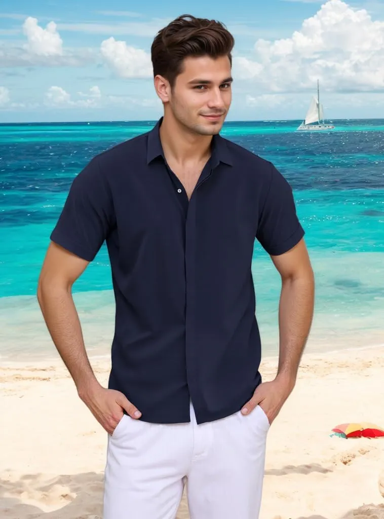 Men's Linen Shirts Casual Dress Short Sleeve Button Down Shirts Tops Male Summer Beach Tropical Tee Wedding Party Holiday
