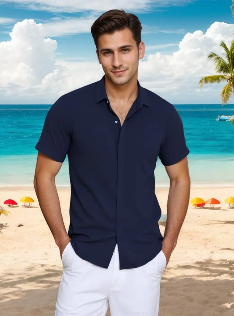 Men's Linen Shirts Casual Dress Short Sleeve Button Down Shirts Tops Male Summer Beach Tropical Tee Wedding Party Holiday