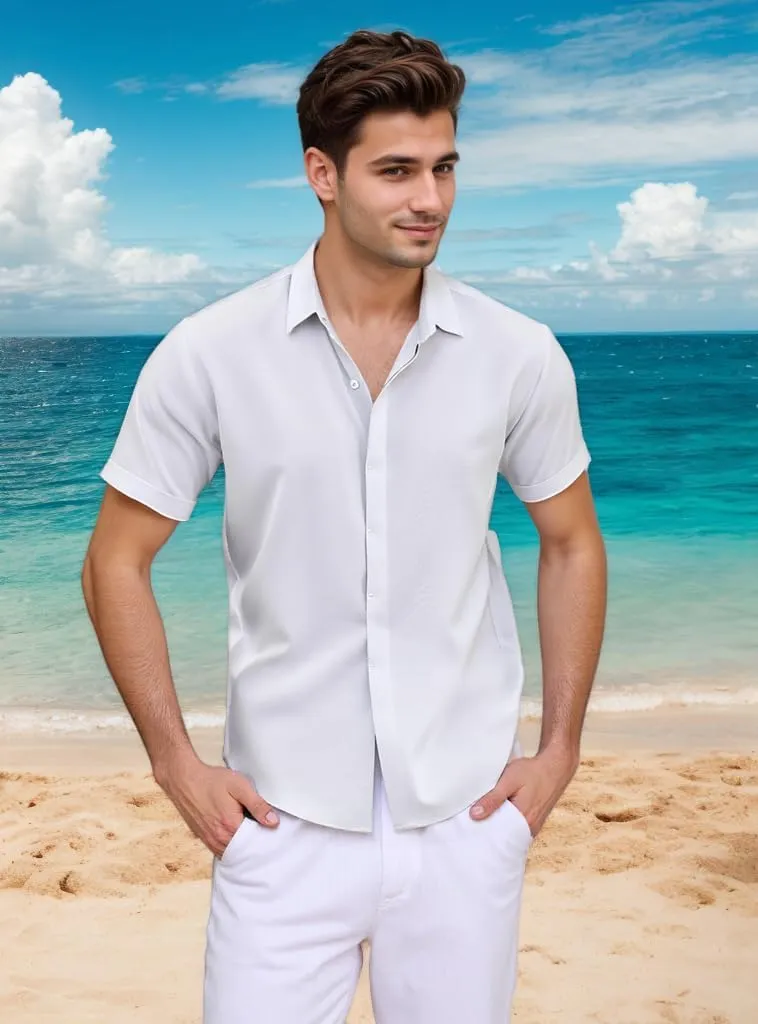 Men's Linen Shirts Casual Dress Short Sleeve Button Down Shirts Tops Male Summer Beach Tropical Tee Wedding Party Holiday