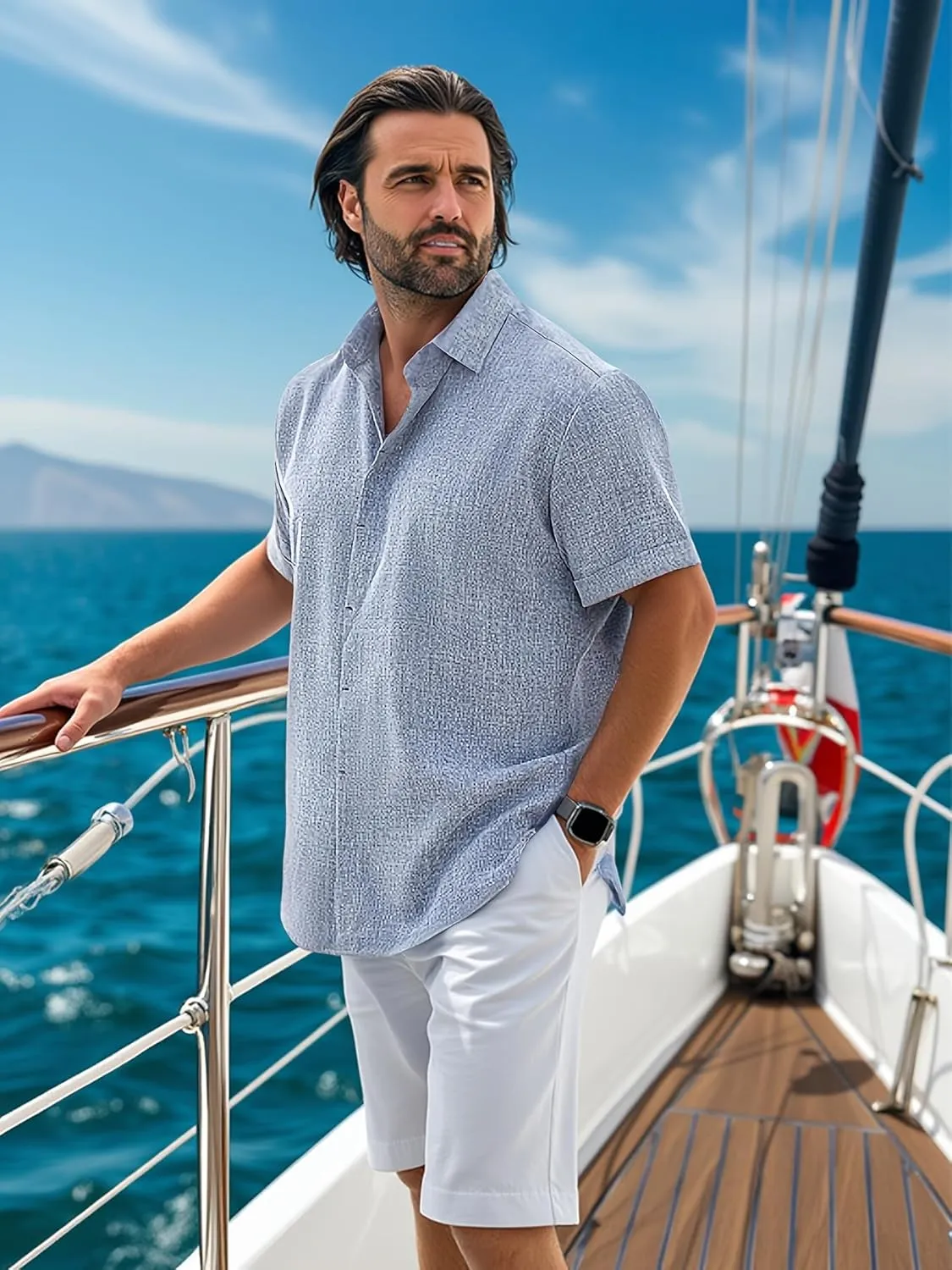 Men's Linen Shirts Casual Dress Short Sleeve Button Down Shirts Tops Male Summer Beach Tropical Tee Wedding Party Holiday
