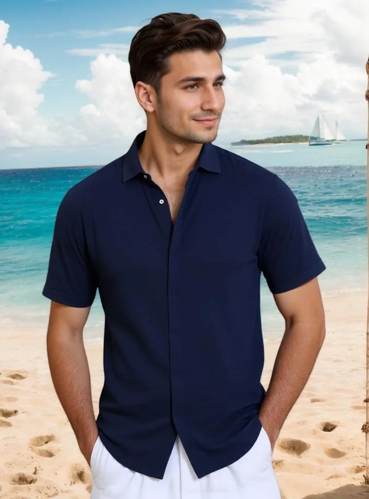 Men's Linen Shirts Casual Dress Short Sleeve Button Down Shirts Tops Male Summer Beach Tropical Tee Wedding Party Holiday