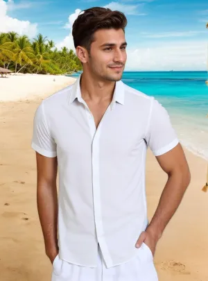 Men's Linen Shirts Casual Dress Short Sleeve Button Down Shirts Tops Male Summer Beach Tropical Tee Wedding Party Holiday