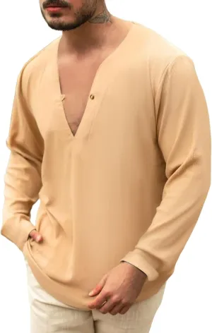 Mens Linen Shirts Casual Loose Long Sleeve Pullover Tops Vneck Summer Fashion Beach Vacation Tshirts