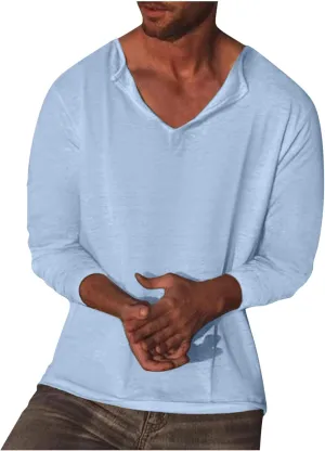 Mens Linen Shirts Casual Loose Long Sleeve Pullover Tops Vneck Summer Fashion Beach Vacation Tshirts