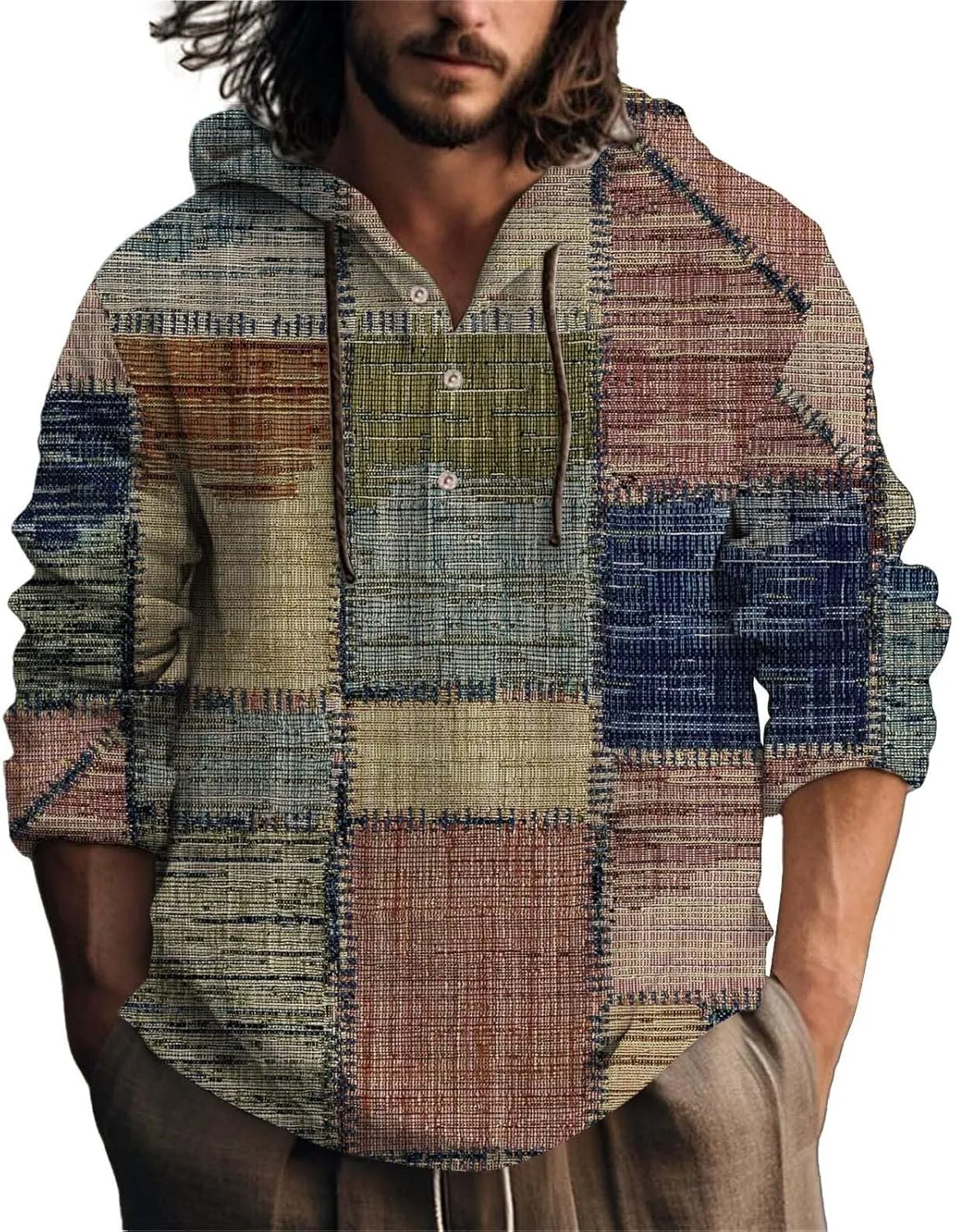 Men's Linen Shirts Hoodie Casual Button Down Shirt Men Long Sleeve Linen Chambray Shirt Mens Beach Shirts
