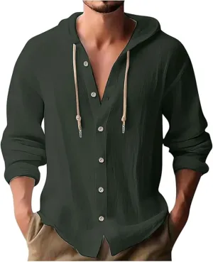 Men's Linen Shirts Hoodie Casual Button Down Shirt Men Long Sleeve Linen Chambray Shirt Mens Beach Shirts